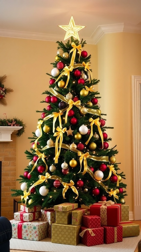 A tall, decorated Christmas tree with colorful ornaments and lights in a cozy living room.
